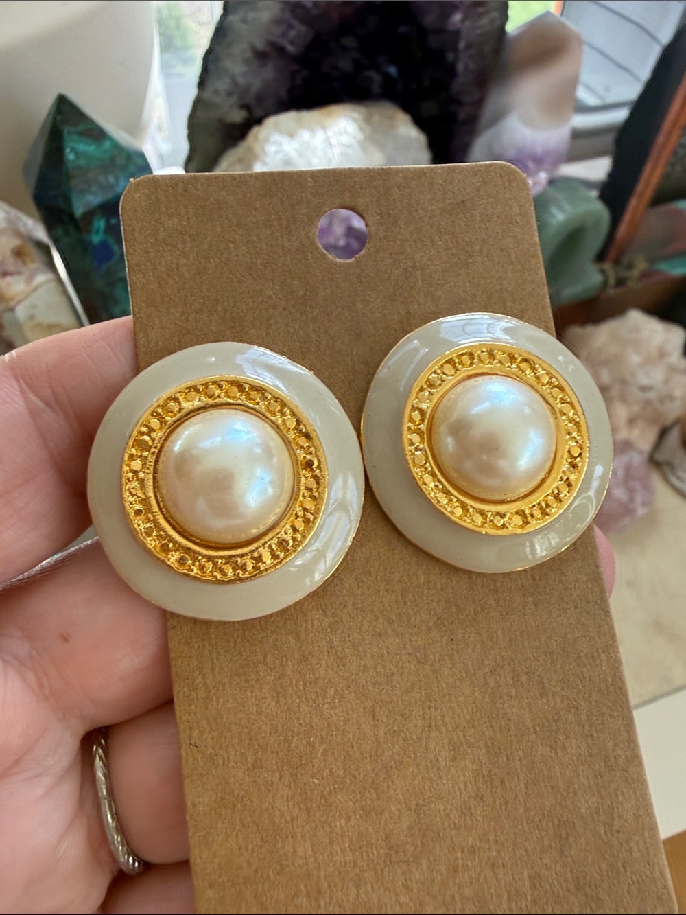 Classic Faux Pearl Gold-Trim Button Earrings - Cream